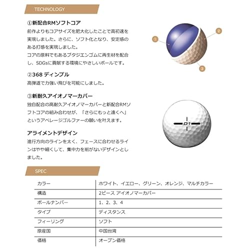 HONMA D1 ゴルフボール BT2401 2024年モデル 本間ゴルフ (1ダース, イエロー) 最後 画像