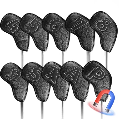 ゴルフアイアンカバー 10枚セット マグネット式開閉 ゴルフヘッドカバー ウェッジカバー 高級PUレザー 軽量 耐久性・撥水性・防塵性・耐摩耗 両面番号刺繍 究極のヘッド保護カバー LT-011 画像1