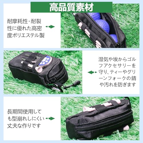ゴルフボールケース ゴルフボール入れ 3個入り ボール・フォーク・マーカー・ハットクリップ対応 前後針ホルダー付き ファスナー式 カラビナ付 持ち運び便利 軽量耐久 ブラック 中間 画像