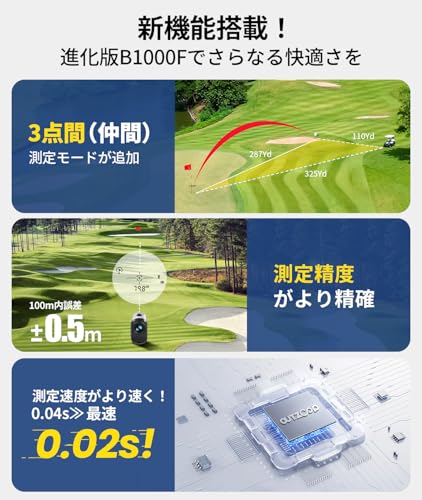 OUTZOOP ゴルフレーザー距離計 B1000F LCD黒表示 3点間測定 最速0.02S測定 小型 超軽量128g 高透過レンズ 光学6.0倍望遠 1000m/1093yd対応 mini ゴルフ距離計 競技対応 振動機能 充電式 IP54防塵防水 専用ケース付き 最後 画像
