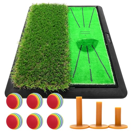 Golf Style ダフりチェック ゴルフマット ターフ跡が確認できる 2WAY ターフ芝+ラフ芝 ゴルフ 練習 マット 素振り アイアン スイング 跡がつく ショットマット 練習用 ゴムマット 34×44cm Eセット (レッド) 画像1